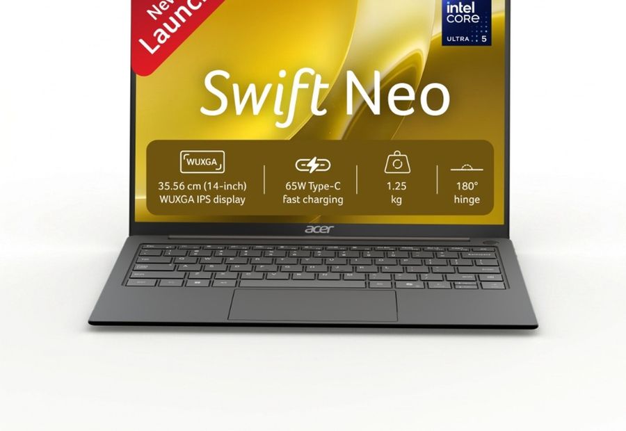 Acer Swift Neo SFN14-55 laptop open from the front, showing its 14-inch display and keyboard