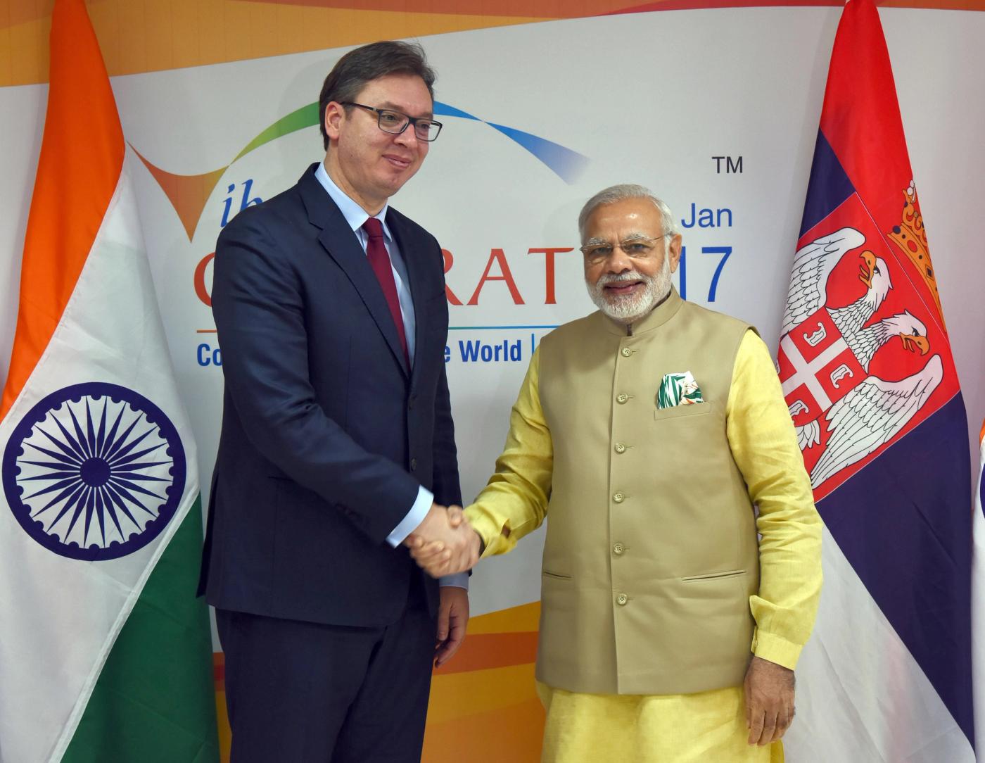 The Prime Minister, Shri Narendra Modi holding 2nd bilateral meeting with the Prime Minister of Serbia, Mr. Aleksandar Vucic, on the sidelines of the Vibrant Gujarat Global Summit 2017, in Gandhinagar
