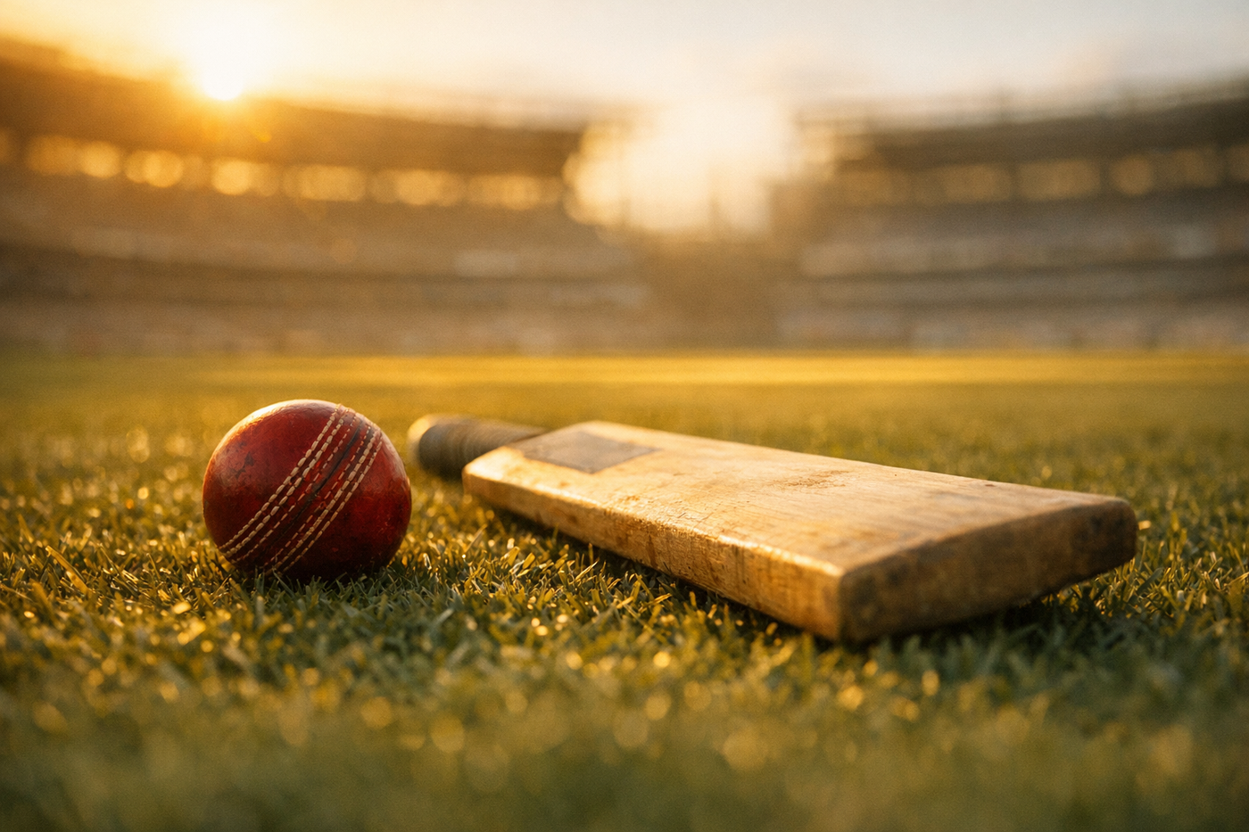 A cricket ball and bat on a stadium pitch at golden hour