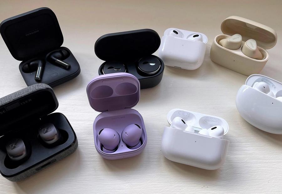 A selection of true wireless earbuds displayed in their charging cases.