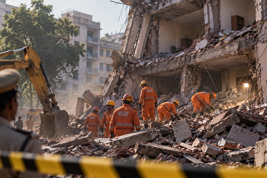 Site of the Satya Niketan hostel collapse in Delhi