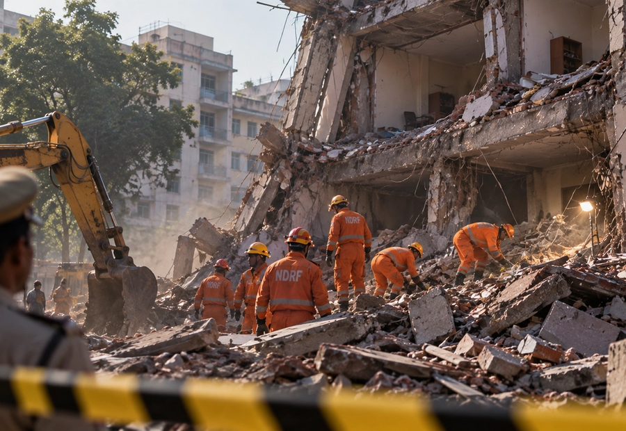 Site of the Satya Niketan hostel collapse in Delhi
