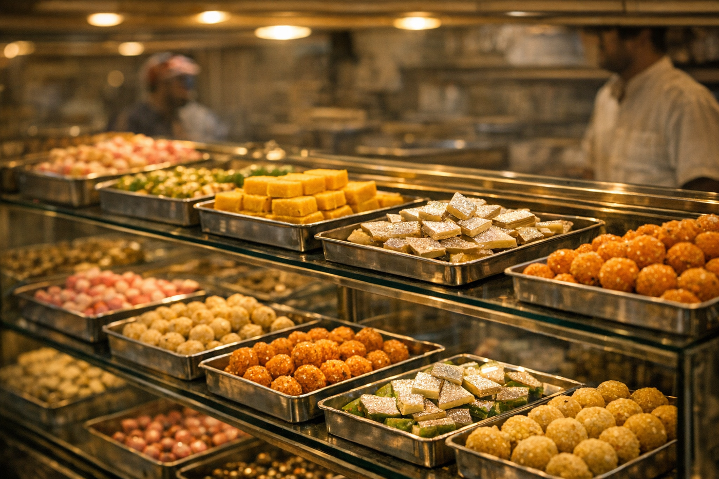Trays of Indian sweets in the display counter of a traditional mithai shop