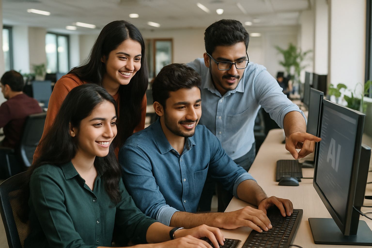 Indian professionals collaborating during an AI skills session in a modern office.
