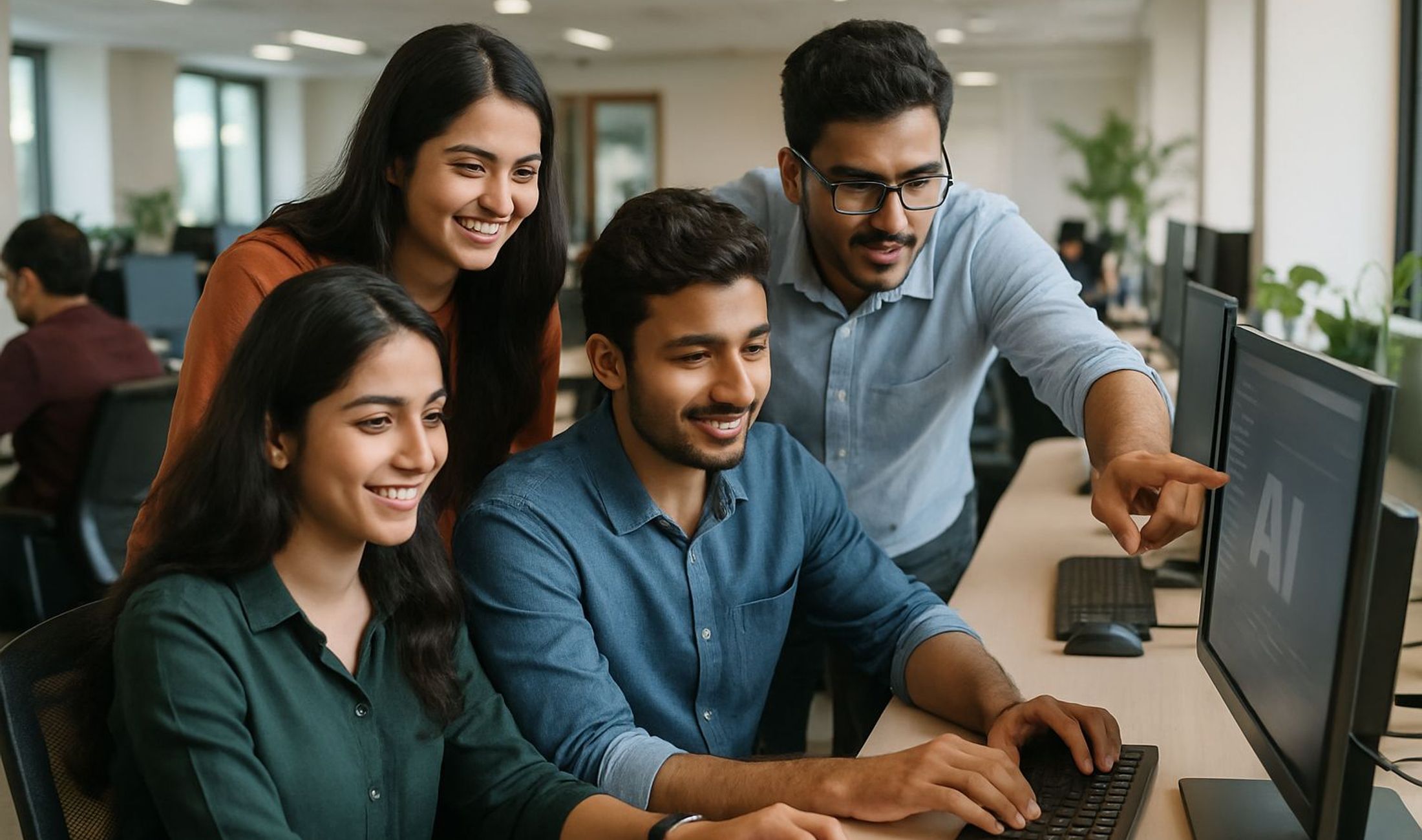 Indian professionals collaborating during an AI skills session in a modern office.