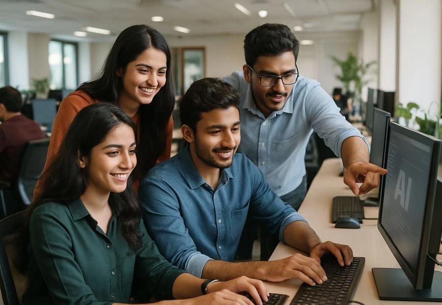Indian professionals collaborating during an AI skills session in a modern office.