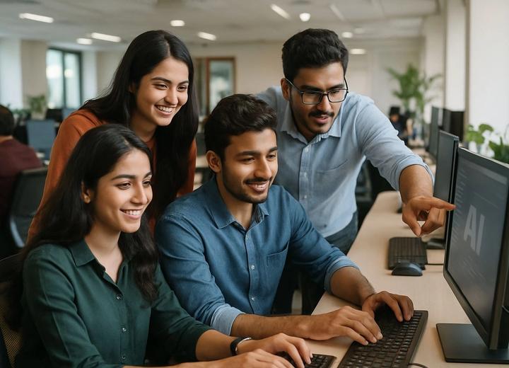 Indian professionals collaborating during an AI skills session in a modern office.