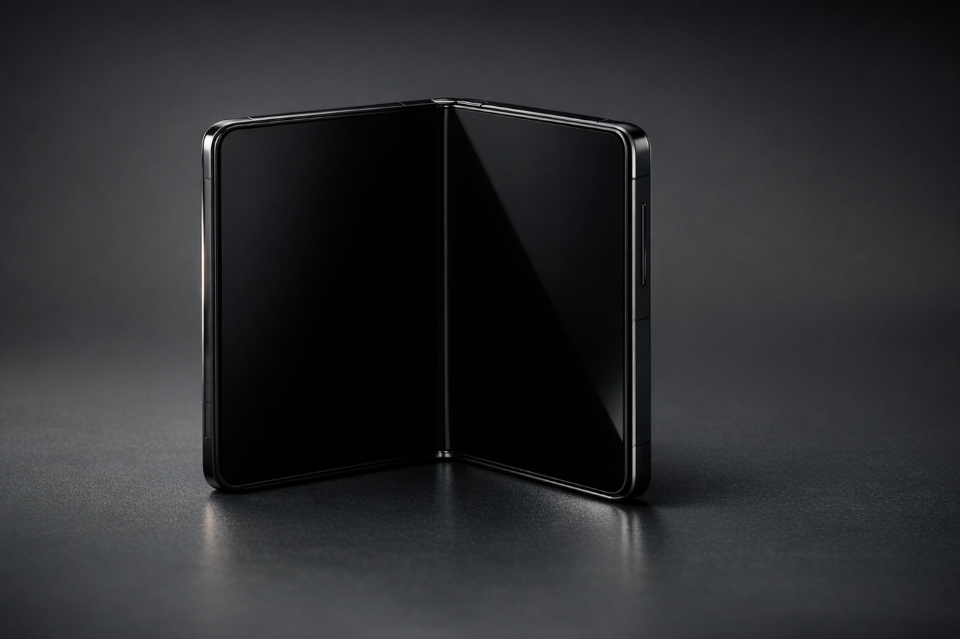 A generic foldable smartphone shown half-open on a dark surface