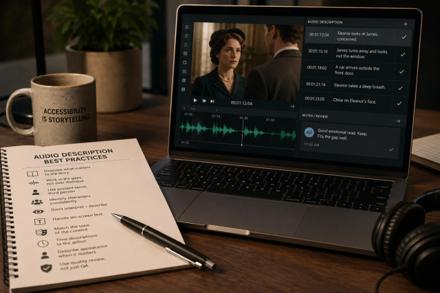 Audio describer reviewing a film timeline with notes on best practices for narration