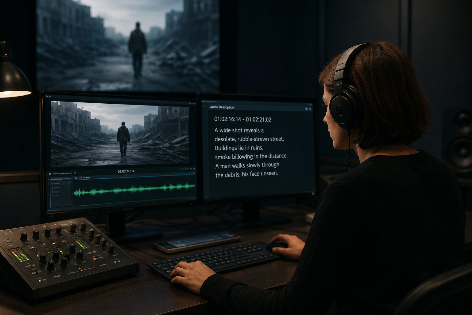 Audio describer reviewing AI-generated description clips on a computer timeline