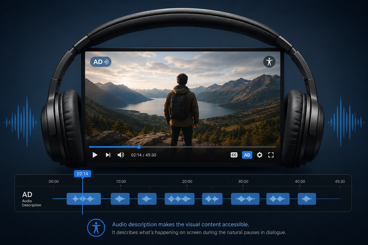 Illustration of headphones over a video player timeline representing audio description for accessibility