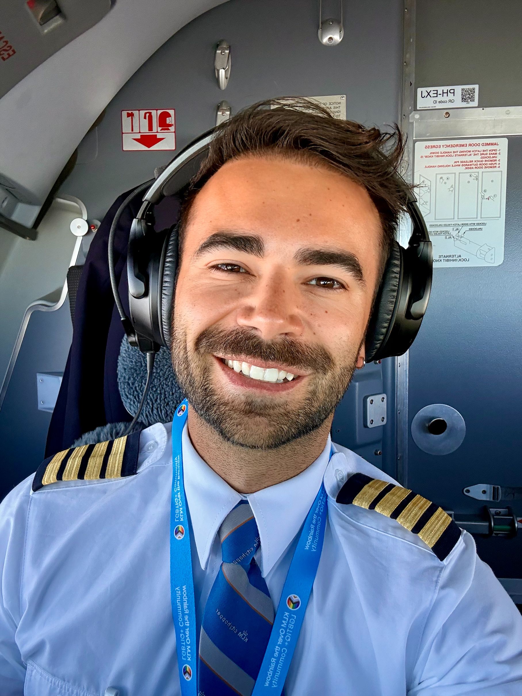 KLM pilot with a headset on