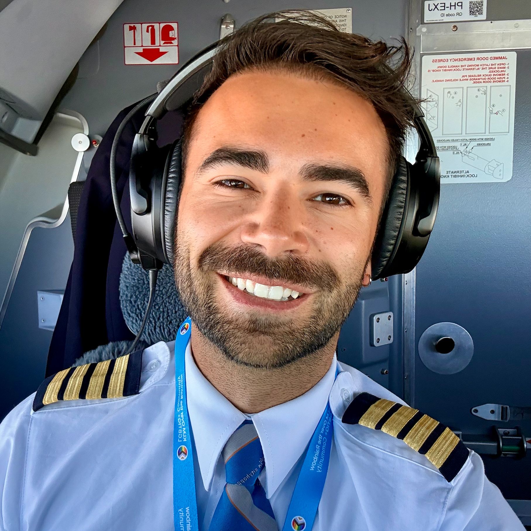 KLM pilot with a headset on