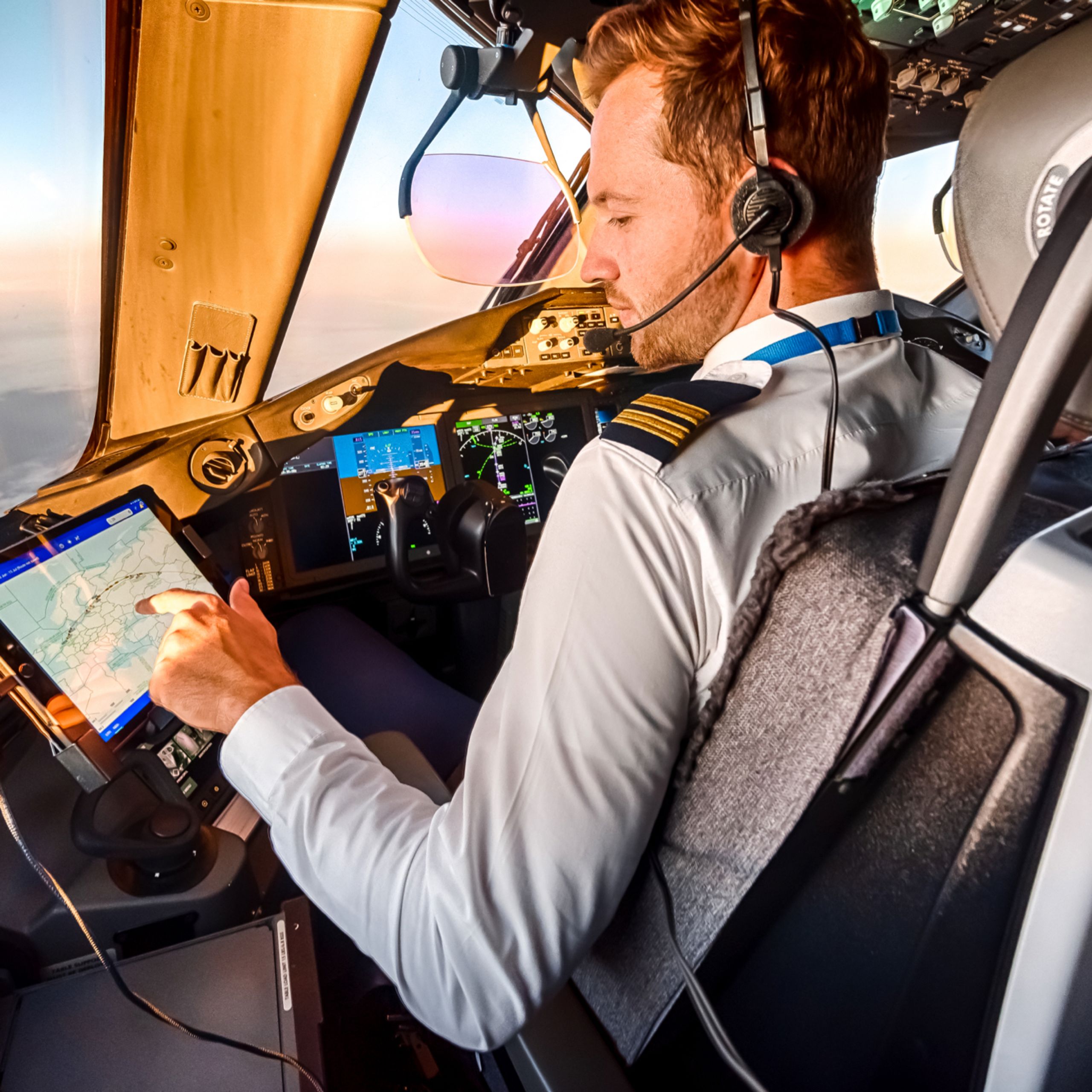 KLM pilot looking at a route on his Ipad midflight