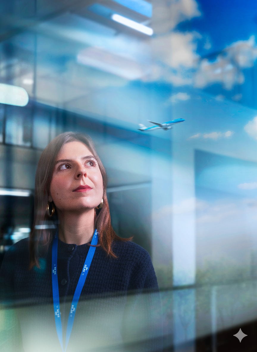 Girl looking up in the sky at departing plane in the reflection on the window