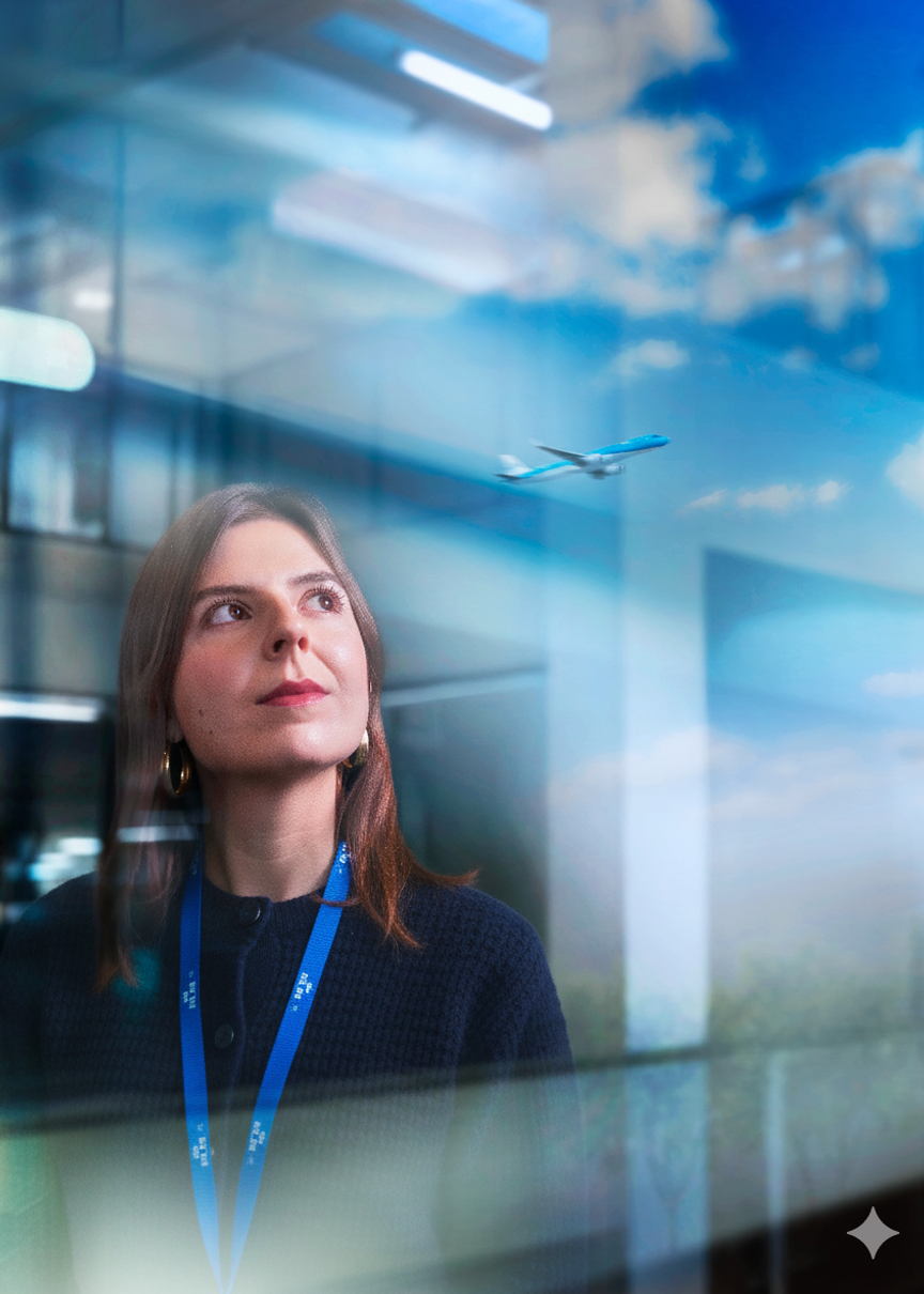 Vrouw kijkt naar een vertrekkend toestel in de reflectie van een raam.