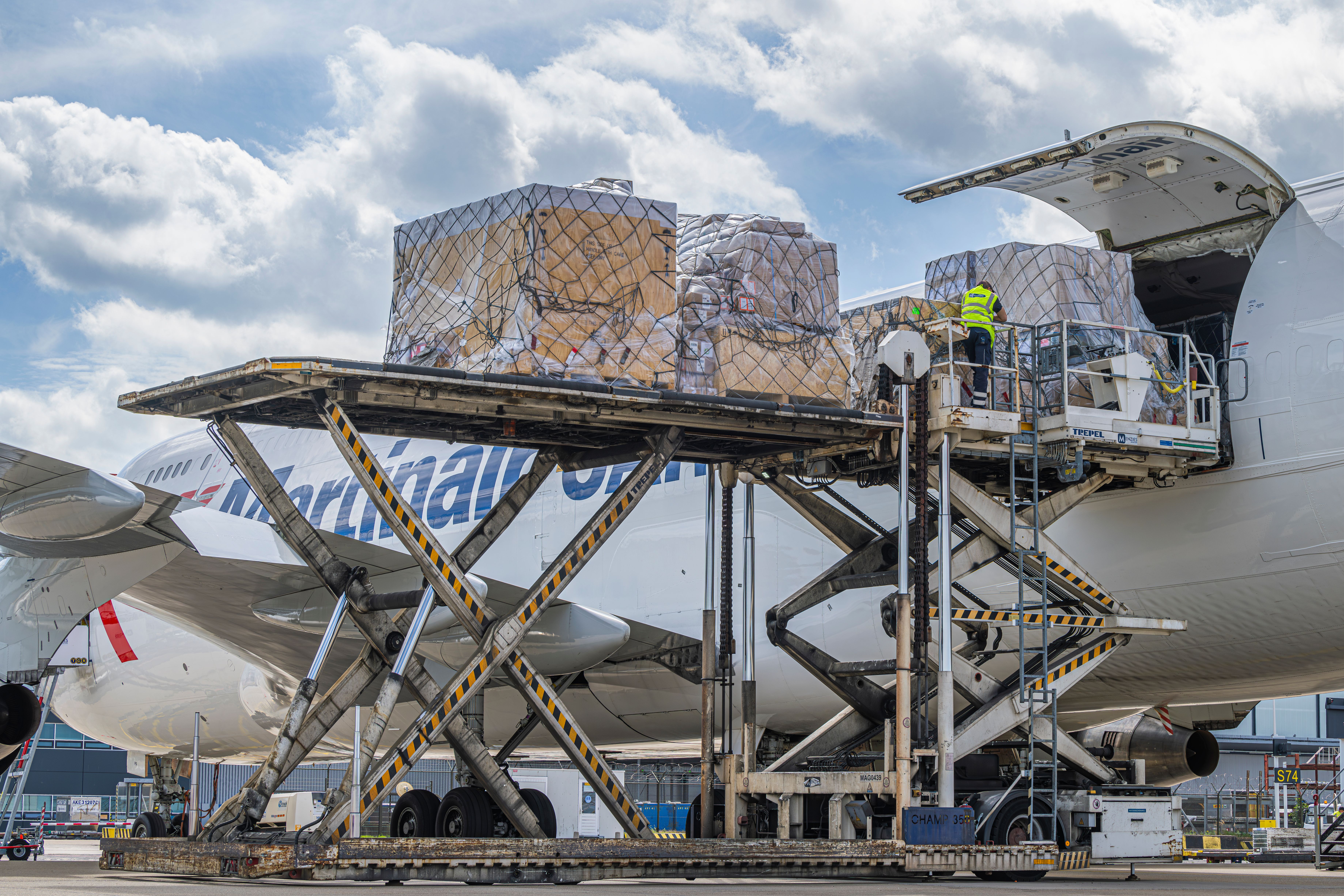 Inladen van vracht in groot wit martinair cargo vliegtuig