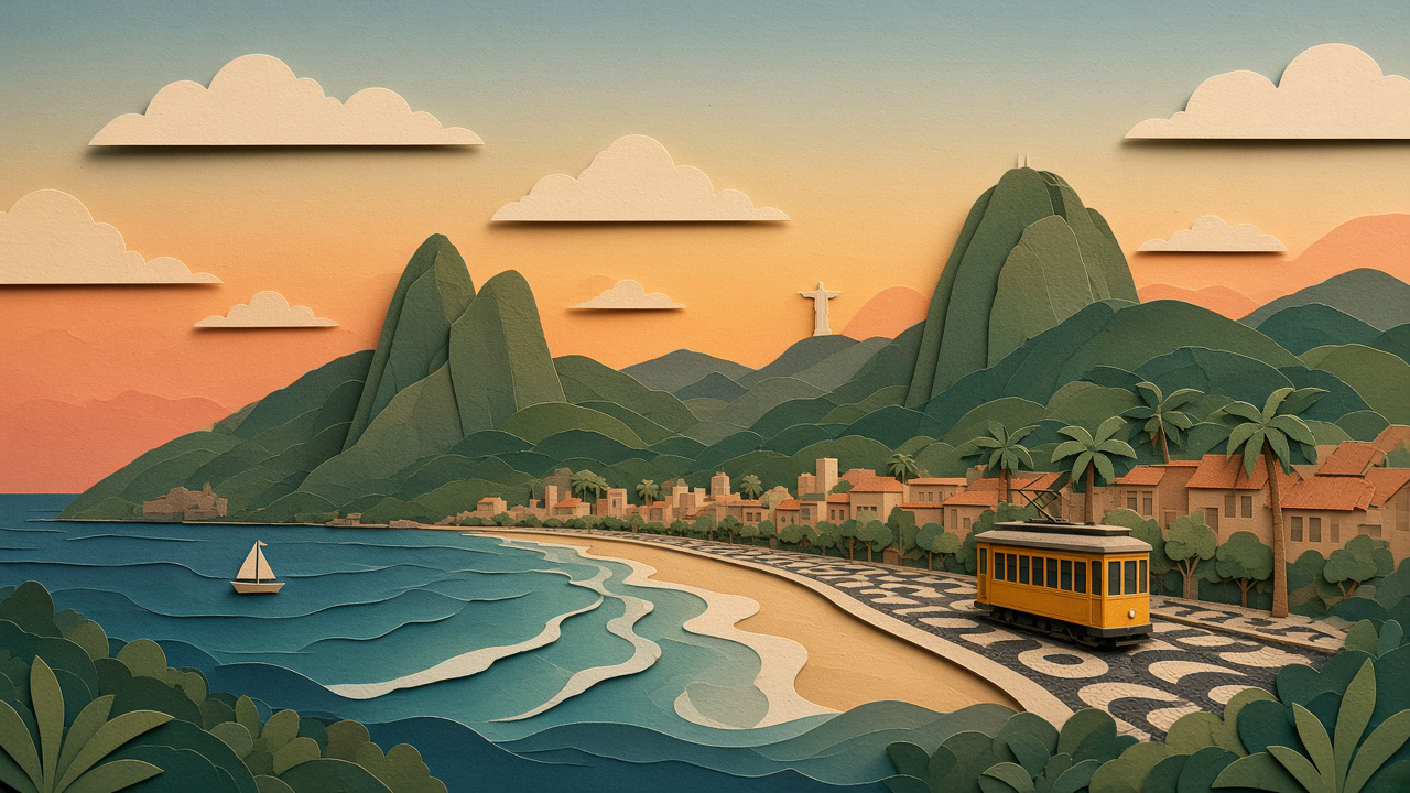 Layered papercut portrait of Sugarloaf, Christ the Redeemer, Copacabana’s wave pavement, and a yellow Santa Teresa tram