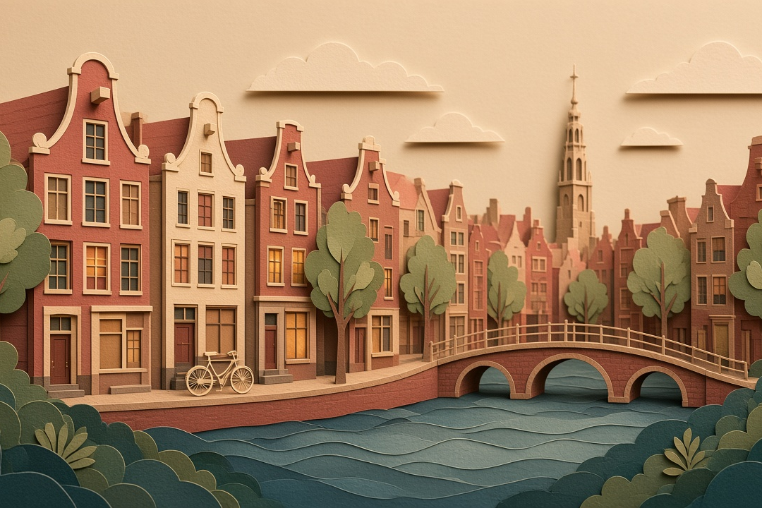 Layered papercut portrait of Amsterdam canal houses, a humpback bridge, a bicycle, and a distant church spire