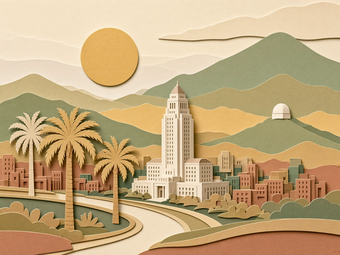 Layered papercut portrait of Los Angeles with sage hills, a white city-hall tower, an observatory dome, and honey-cream palms