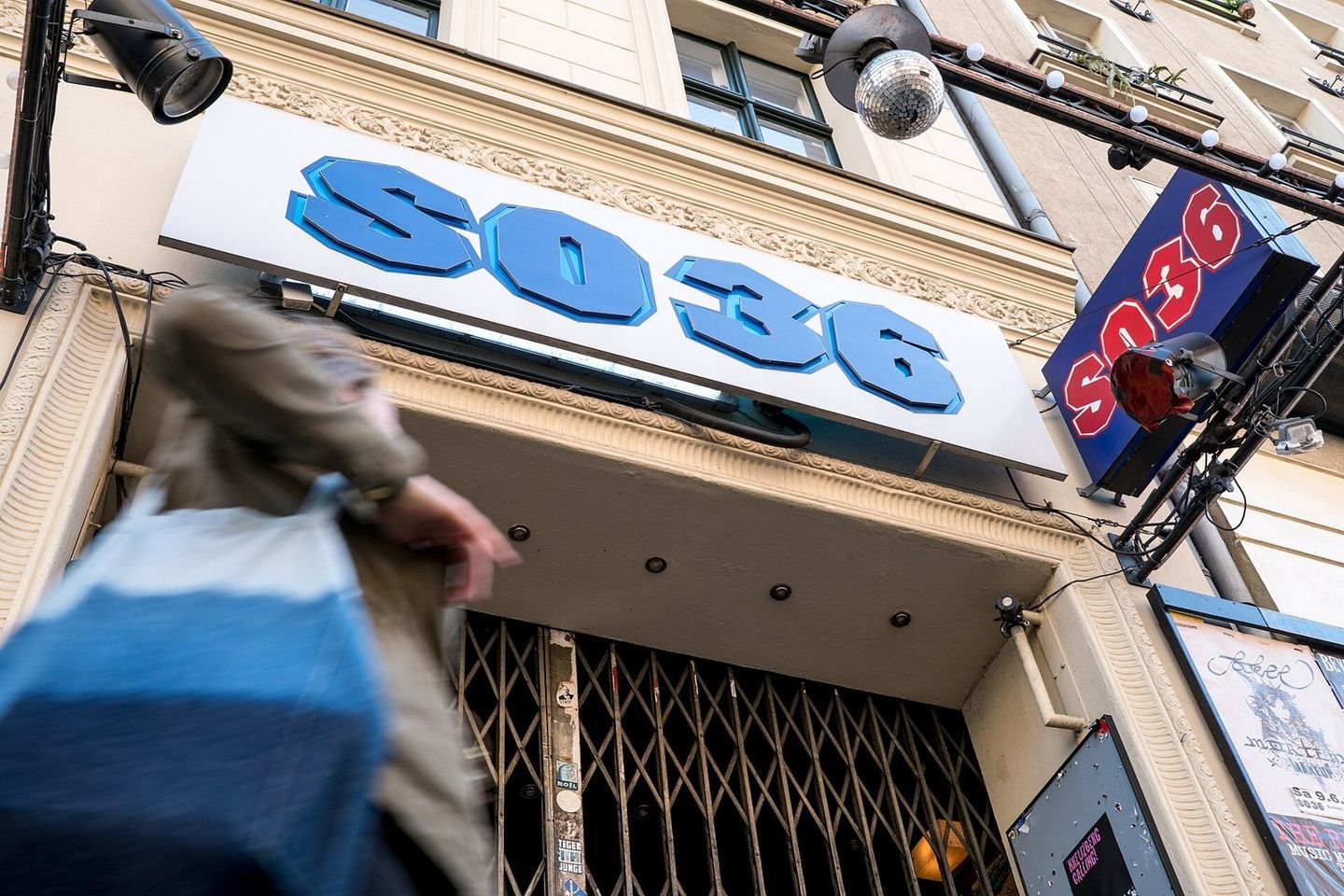 SO36 nightclub entrance on Oranienstraße with blue SO36 facade sign