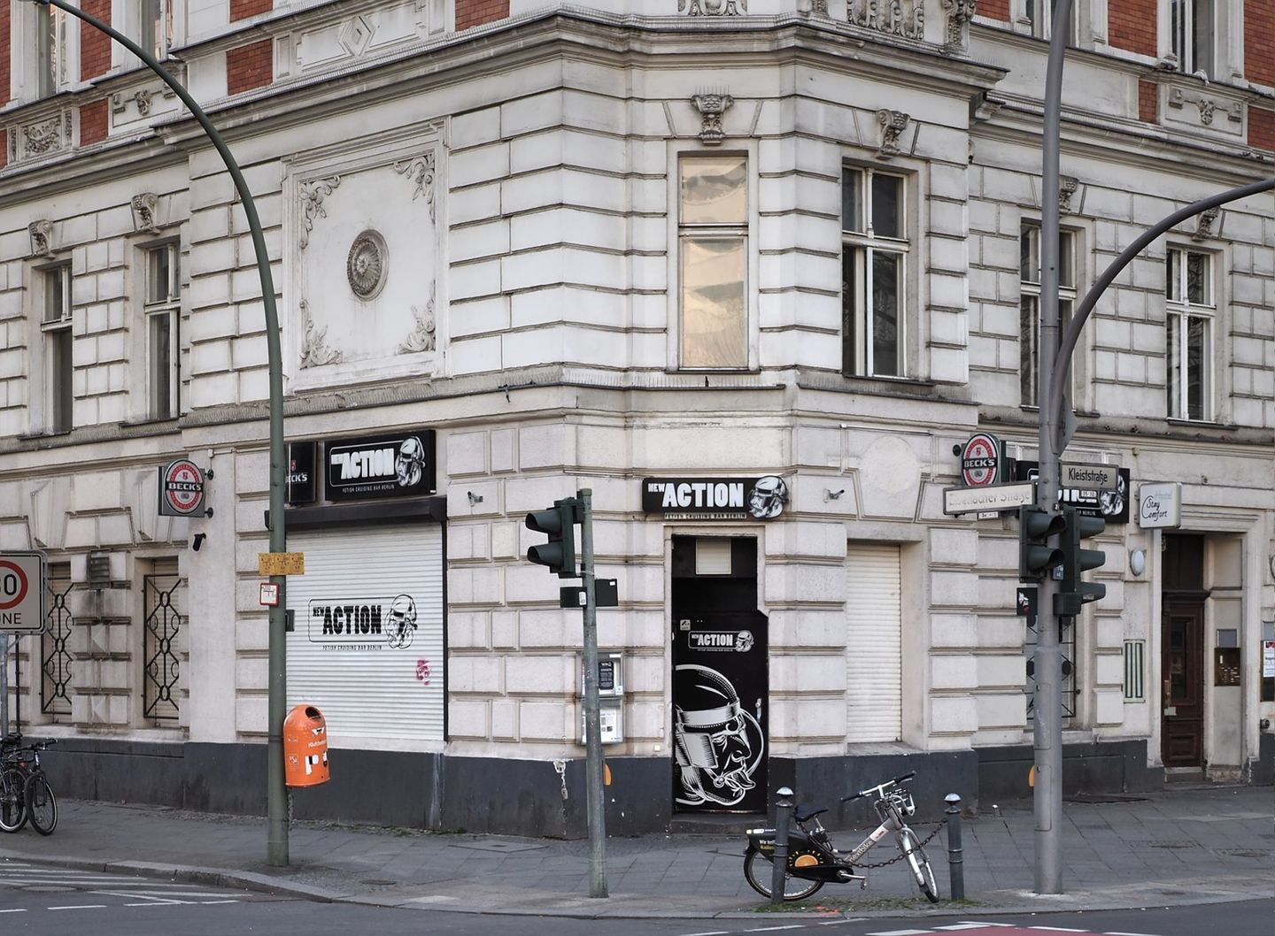 New Action storefront on Kleiststraße with NEW ACTION fetish cruising bar sign