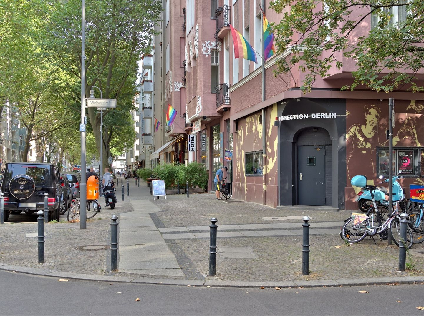 Connection Club corner entrance with CONNECTION-BERLIN lettering and rainbow flags