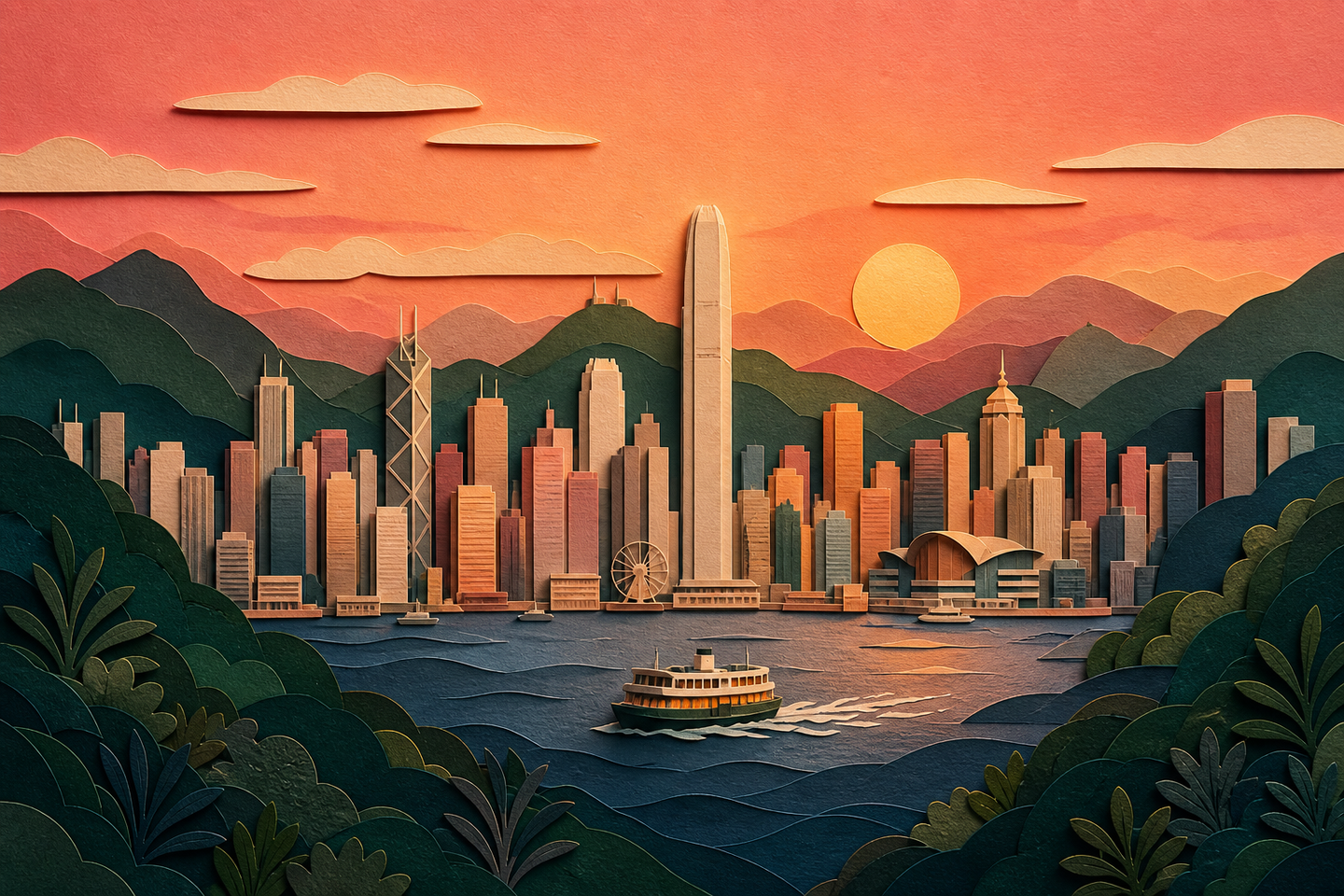 Layered papercut portrait of Victoria Harbour, the Hong Kong skyline, hills, and a ferry