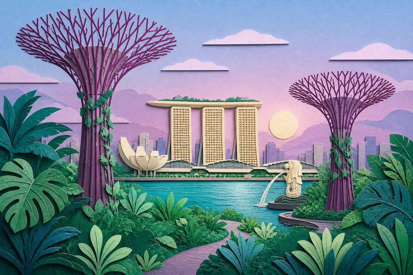 Layered papercut portrait of Singapore Supertrees, Marina Bay Sands, and the Merlion
