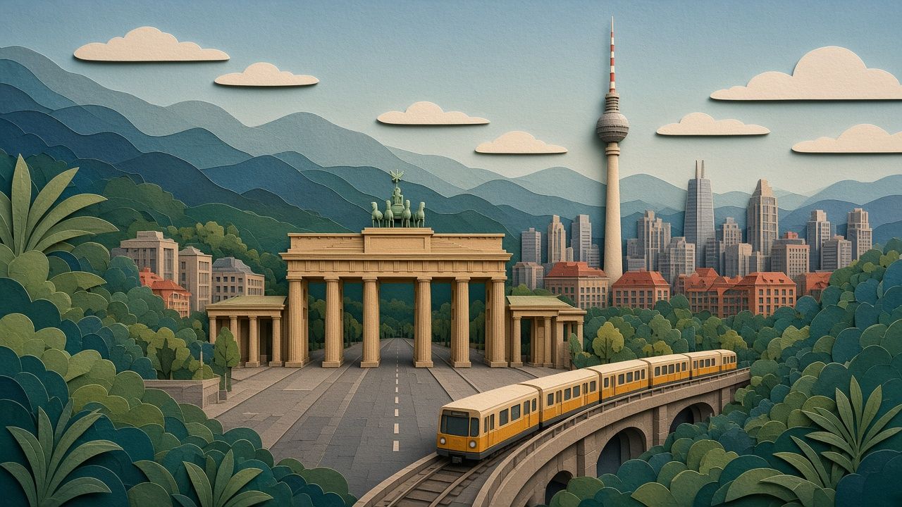 Layered papercut portrait of the Brandenburg Gate, a yellow U-Bahn train, and the Berlin TV tower