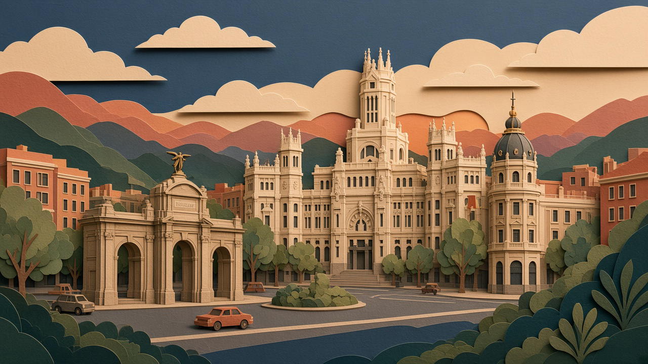 Layered papercut portrait of Palacio de Cibeles, Puerta de Alcalá, and a circular plaza under a navy sky