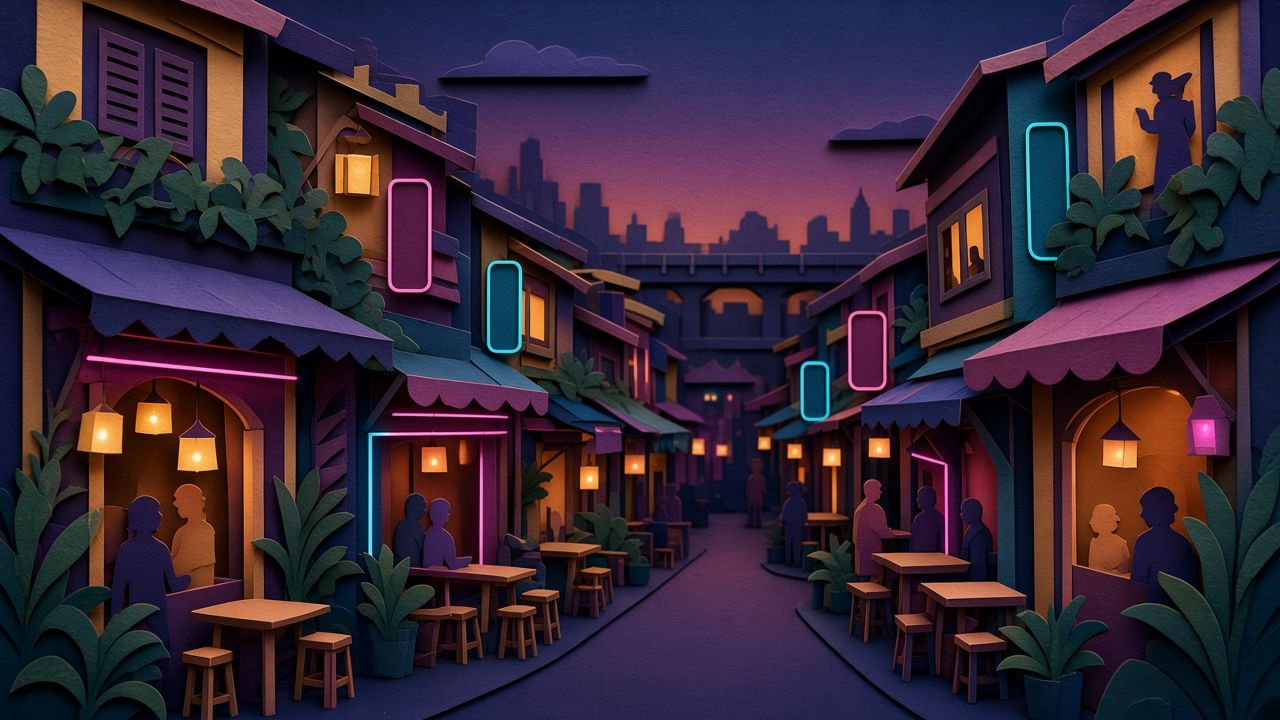 Layered papercut of a narrow Bangkok nightlife soi at blue hour, with terrace tables, glowing neon strips, and an elevated skytrain in the distance.