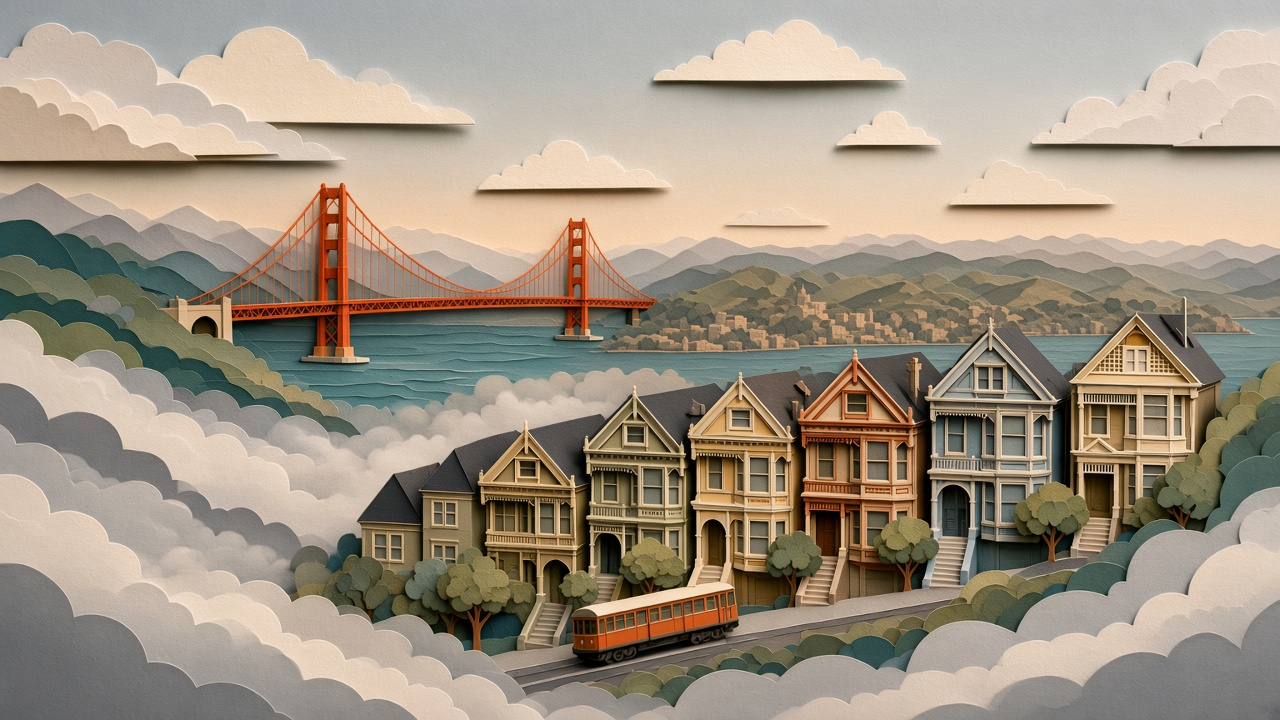 Layered papercut portrait of the Golden Gate Bridge, five Victorian houses on a hill, fog, and an orange cable car
