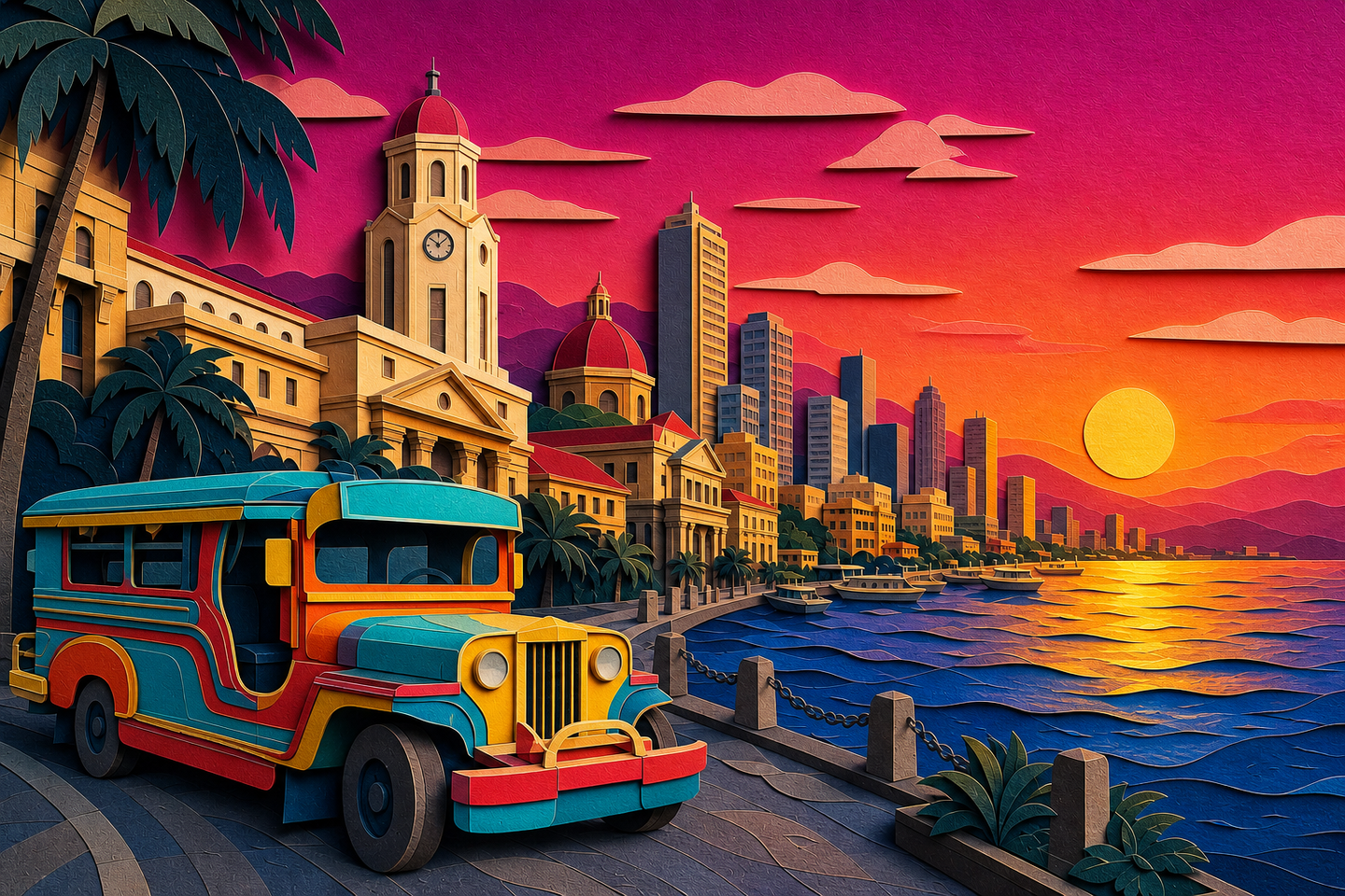 Layered papercut portrait of Manila Bay with a jeepney, clock tower, historic buildings, and skyline