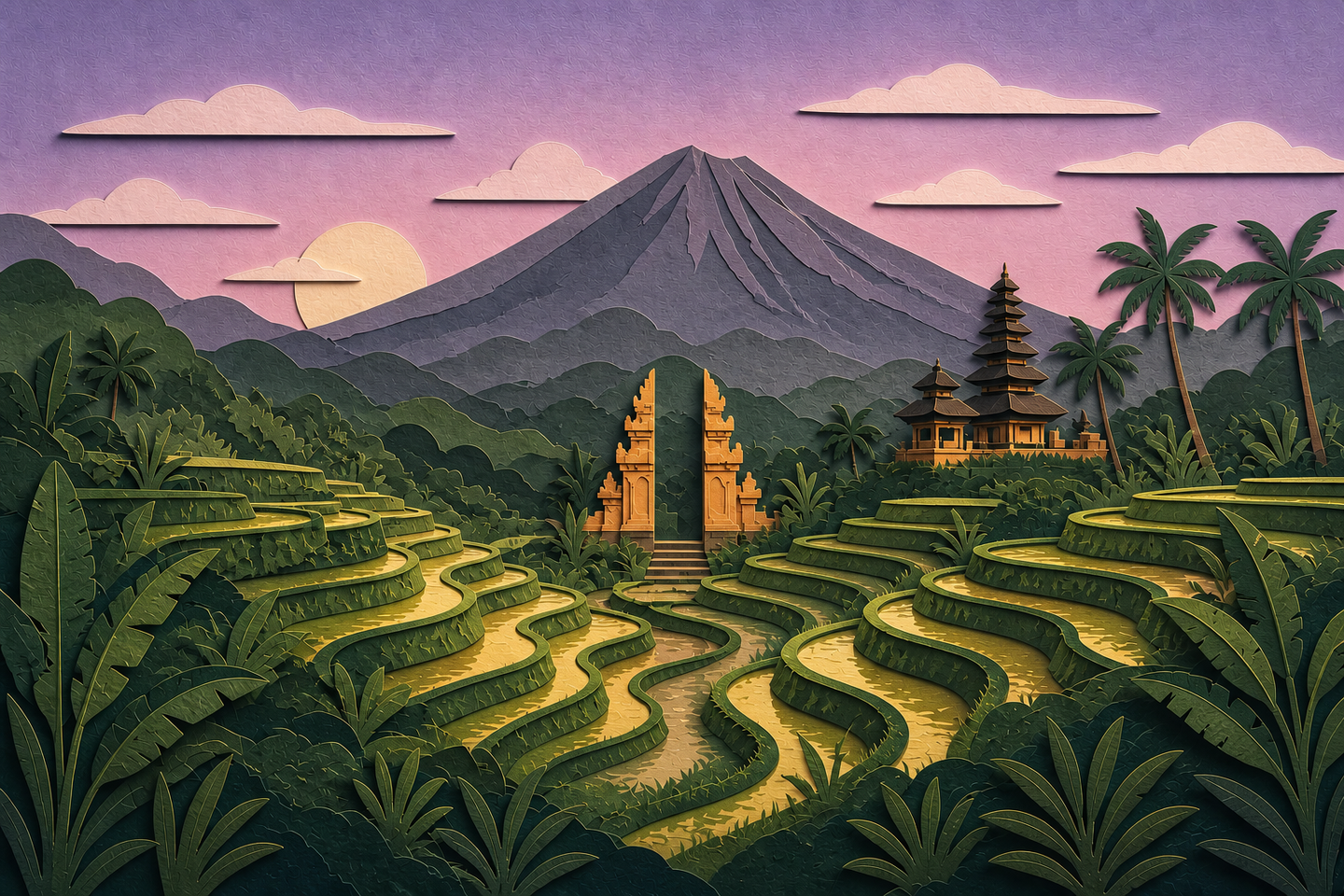 Layered papercut portrait of Bali rice terraces, a split gate, a temple, palms, and Mount Agung