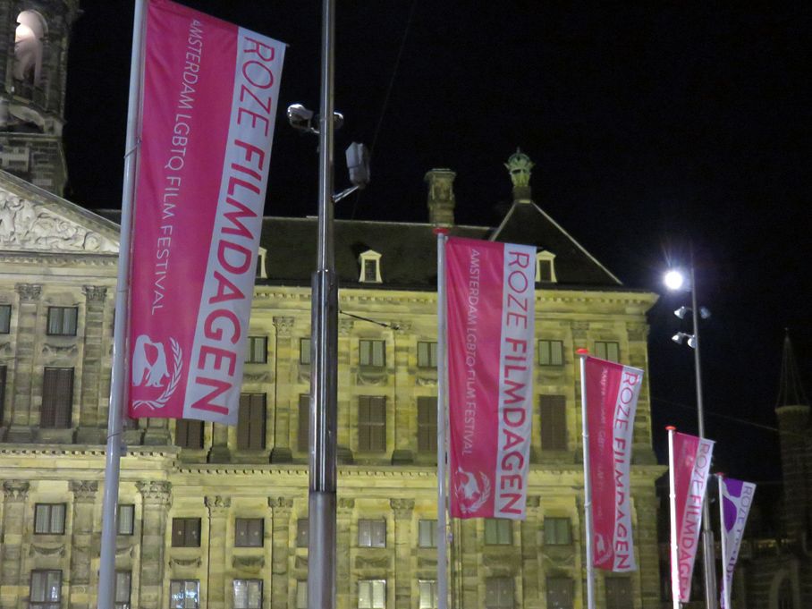 Roze Filmdagen banners on Dam Square in 2017