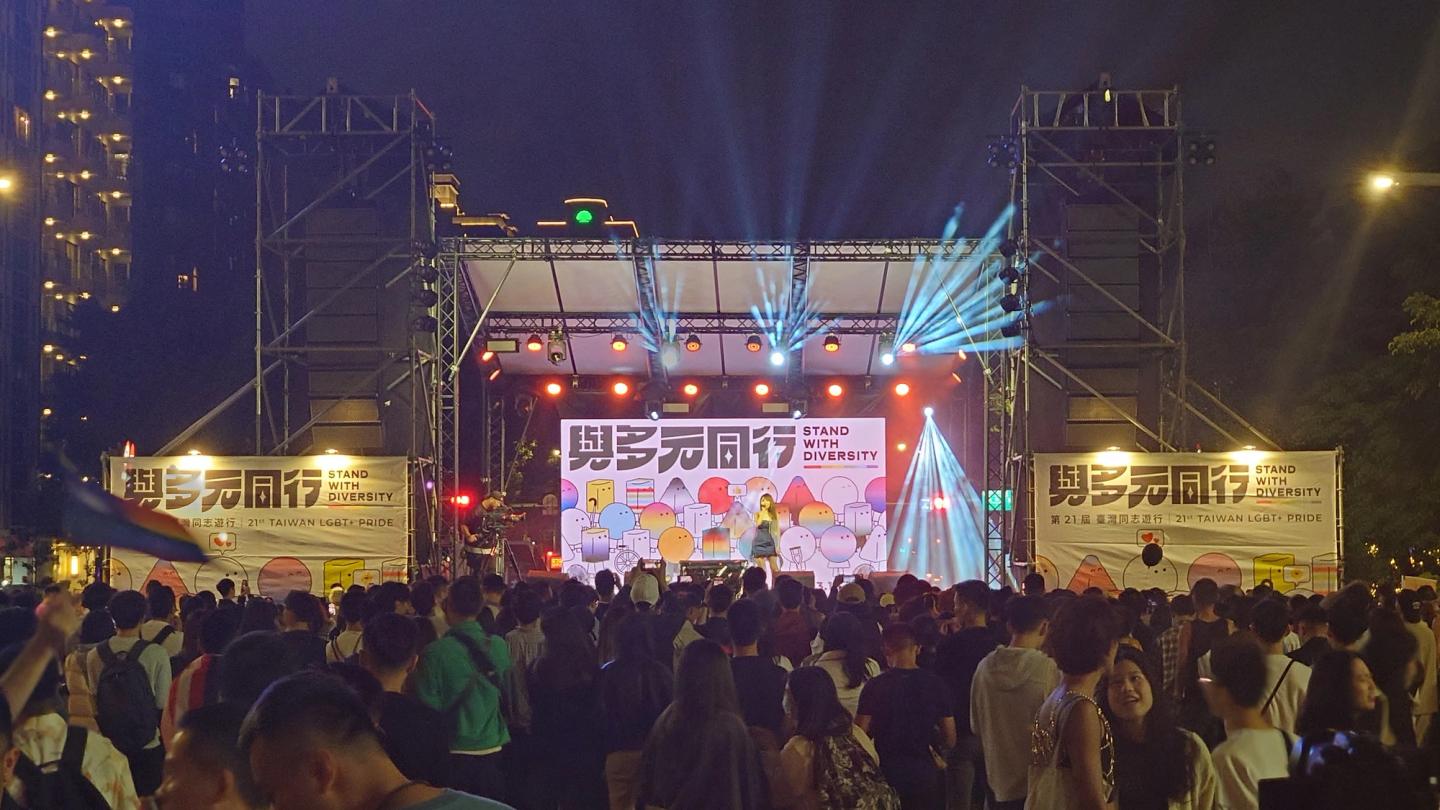 A large Taiwan Pride crowd filling a Taipei street in 2023