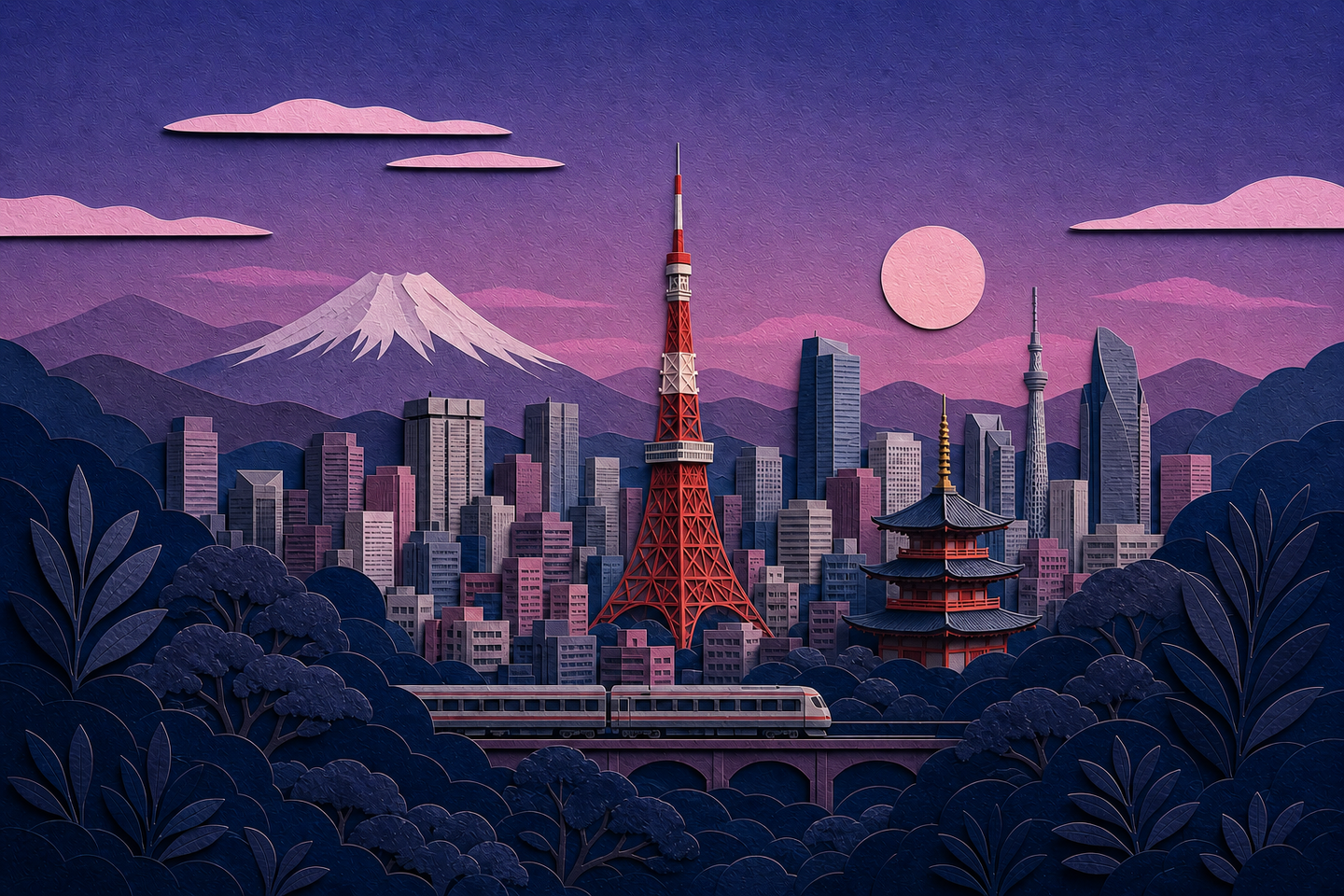 Layered papercut portrait of Tokyo Tower, Mount Fuji, a pagoda, and a city train