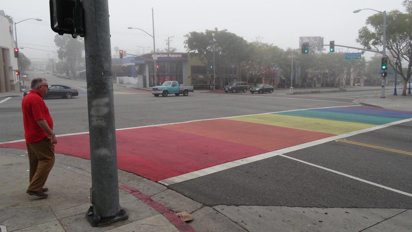 Rainbow pride crosswalk at Santa Monica Boulevard and San Vicente Boulevard in West Hollywood