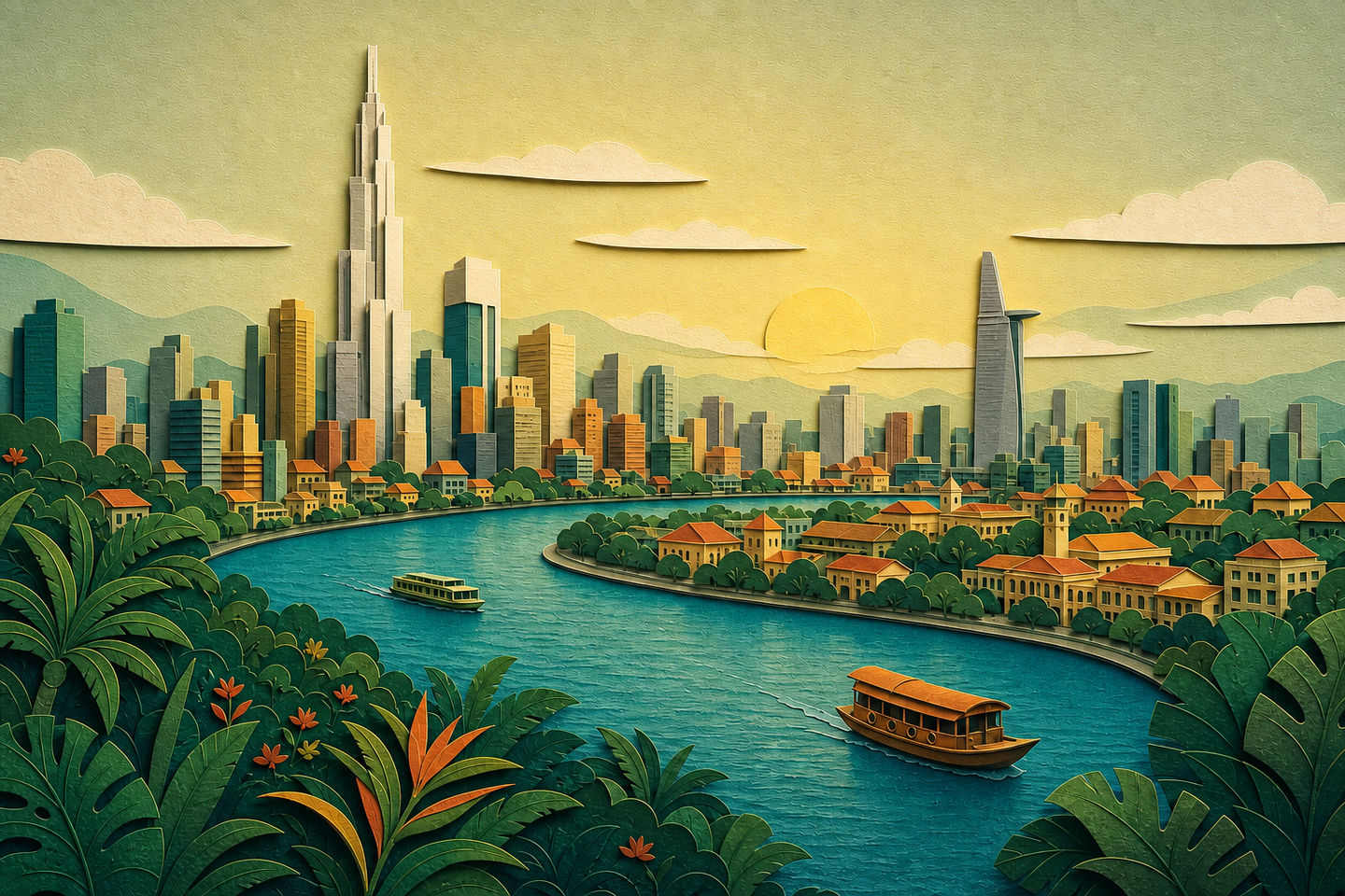 Layered papercut portrait of the Saigon River, Landmark 81, and Ho Chi Minh City