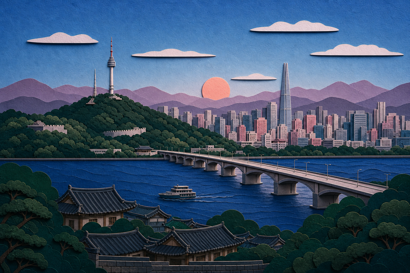 Layered papercut portrait of the Han River, N Seoul Tower, a bridge, and hanok roofs