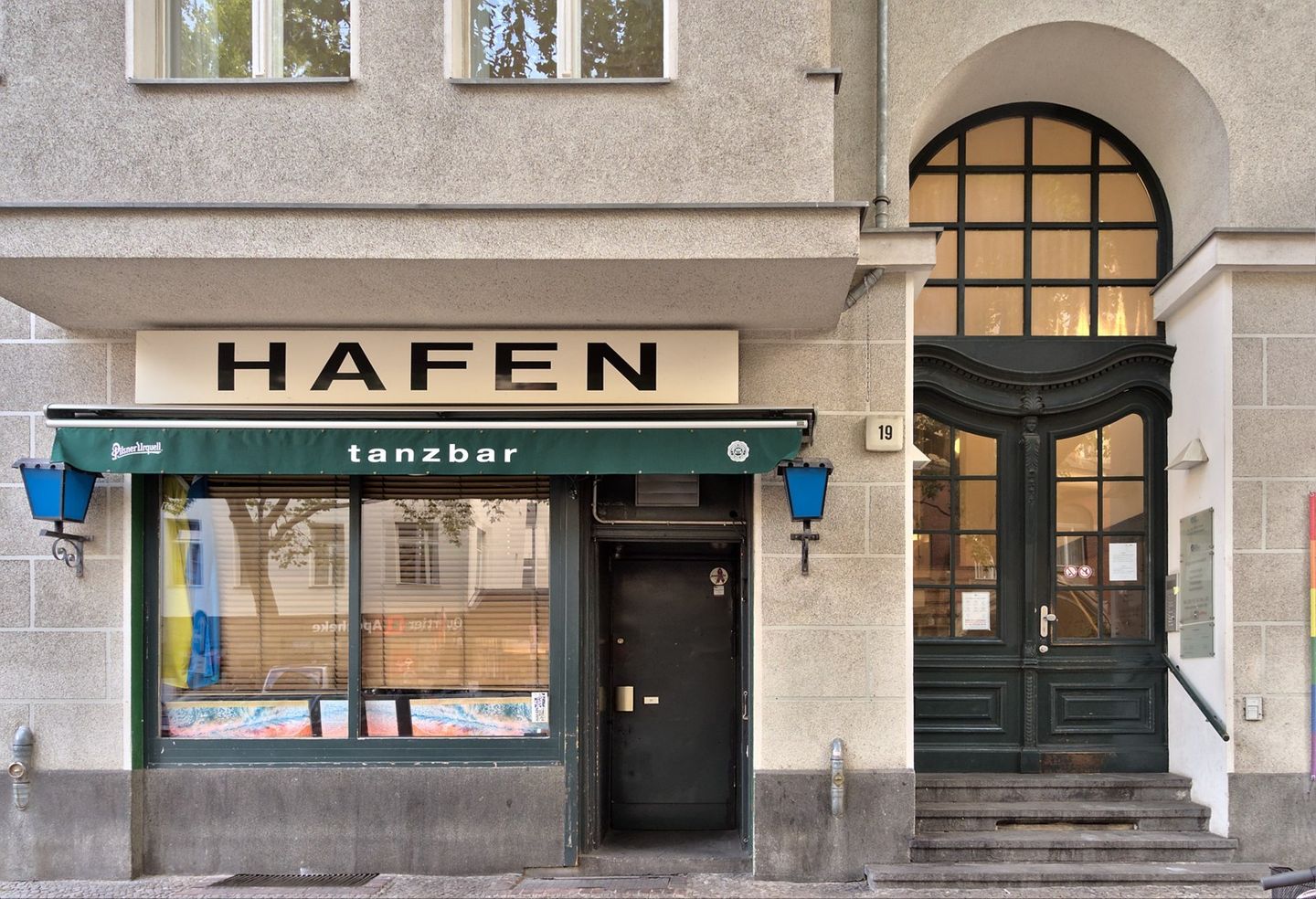 Hafen bar storefront on Motzstraße 19 with the HAFEN sign and green awning