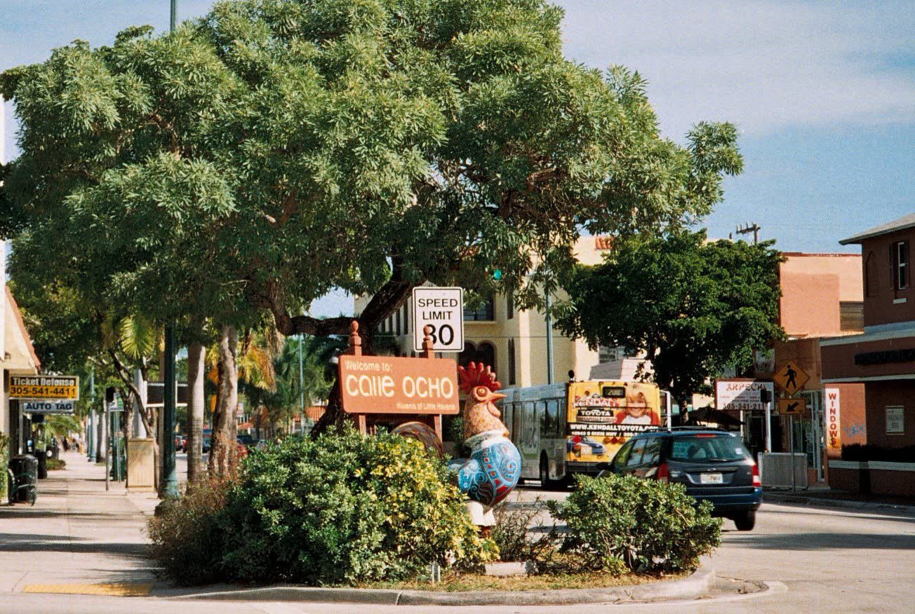 Welcome to Calle Ocho rooster sculpture on the Little Havana median