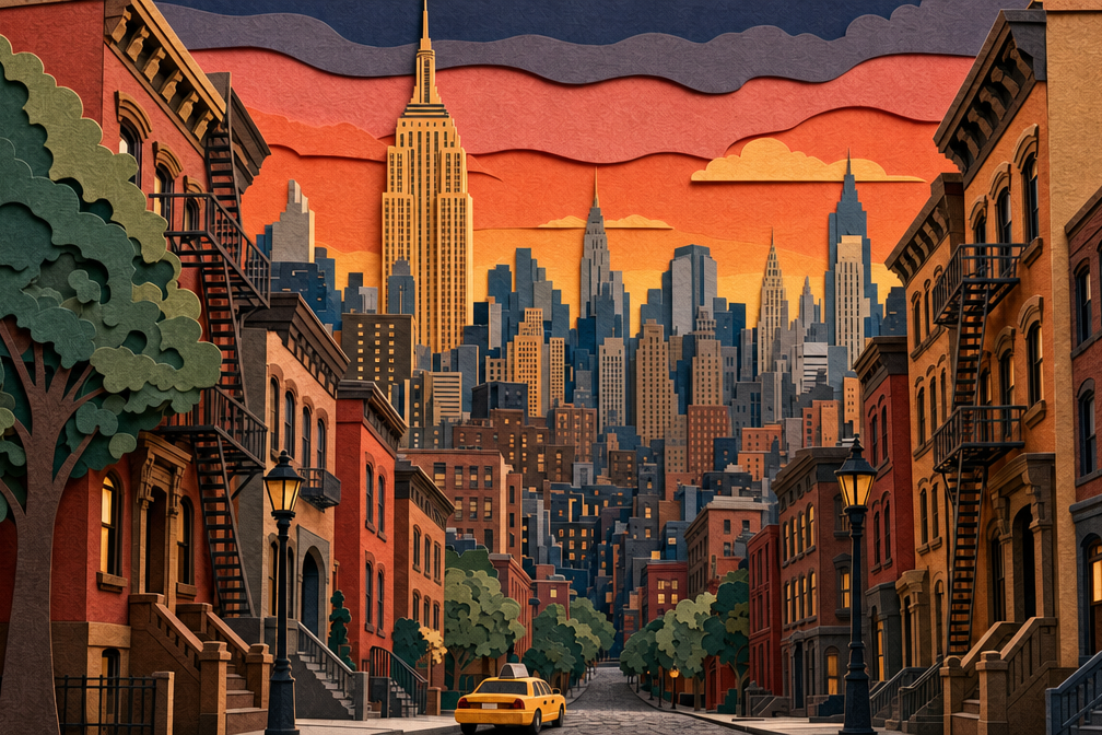 Layered papercut portrait of West Village brownstones, a yellow taxi, and the Midtown Manhattan skyline at sunset