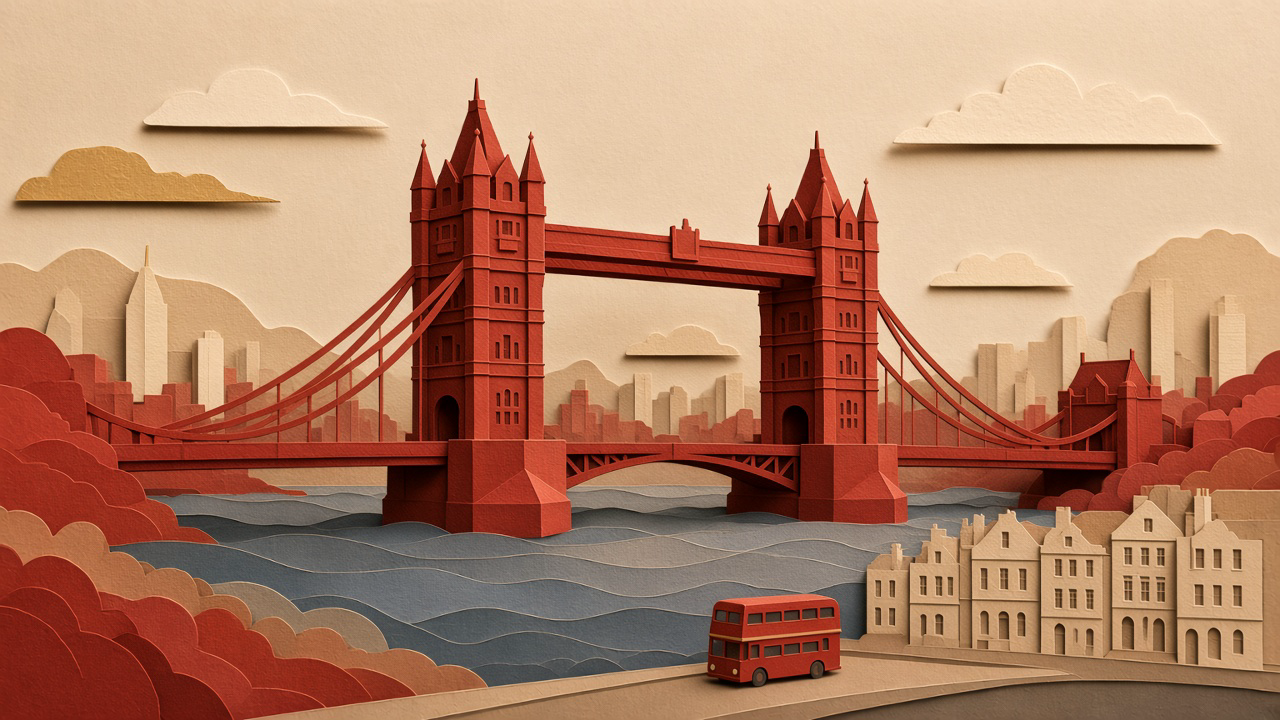 Layered papercut portrait of Tower Bridge, the Thames, a red double-decker, and a Georgian terrace