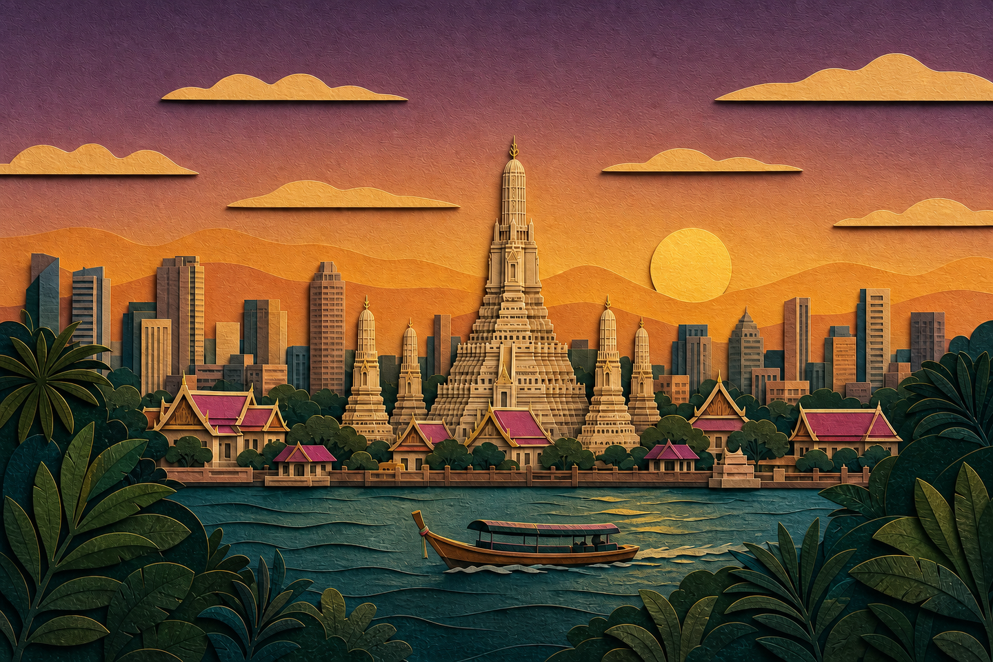 Layered papercut portrait of Wat Arun, the Chao Phraya River, and Bangkok