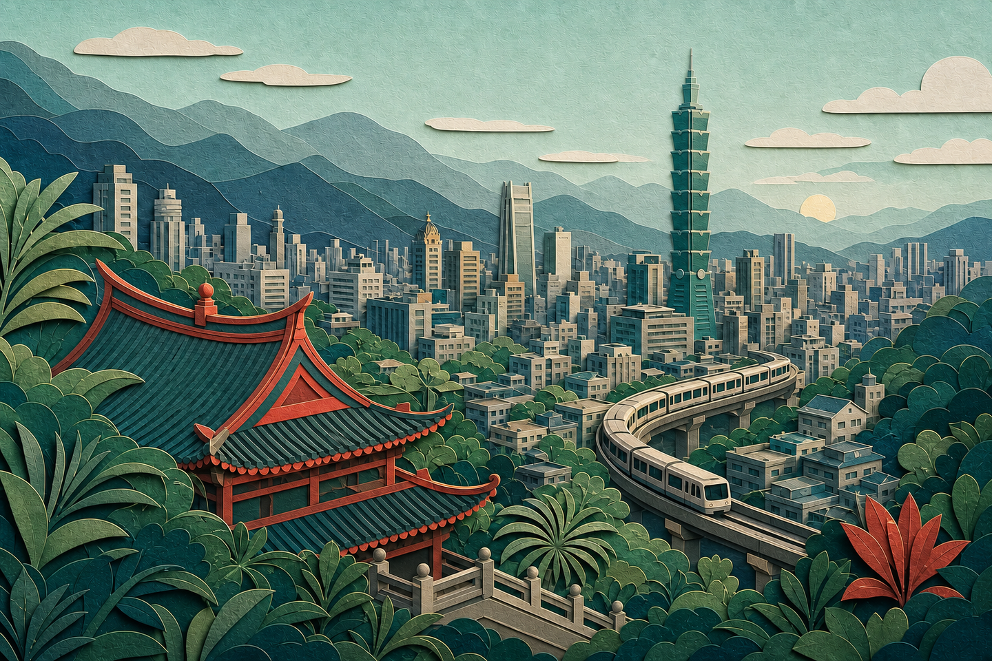 Layered papercut portrait of Taipei 101, a temple roof, mountains, and a curving metro train