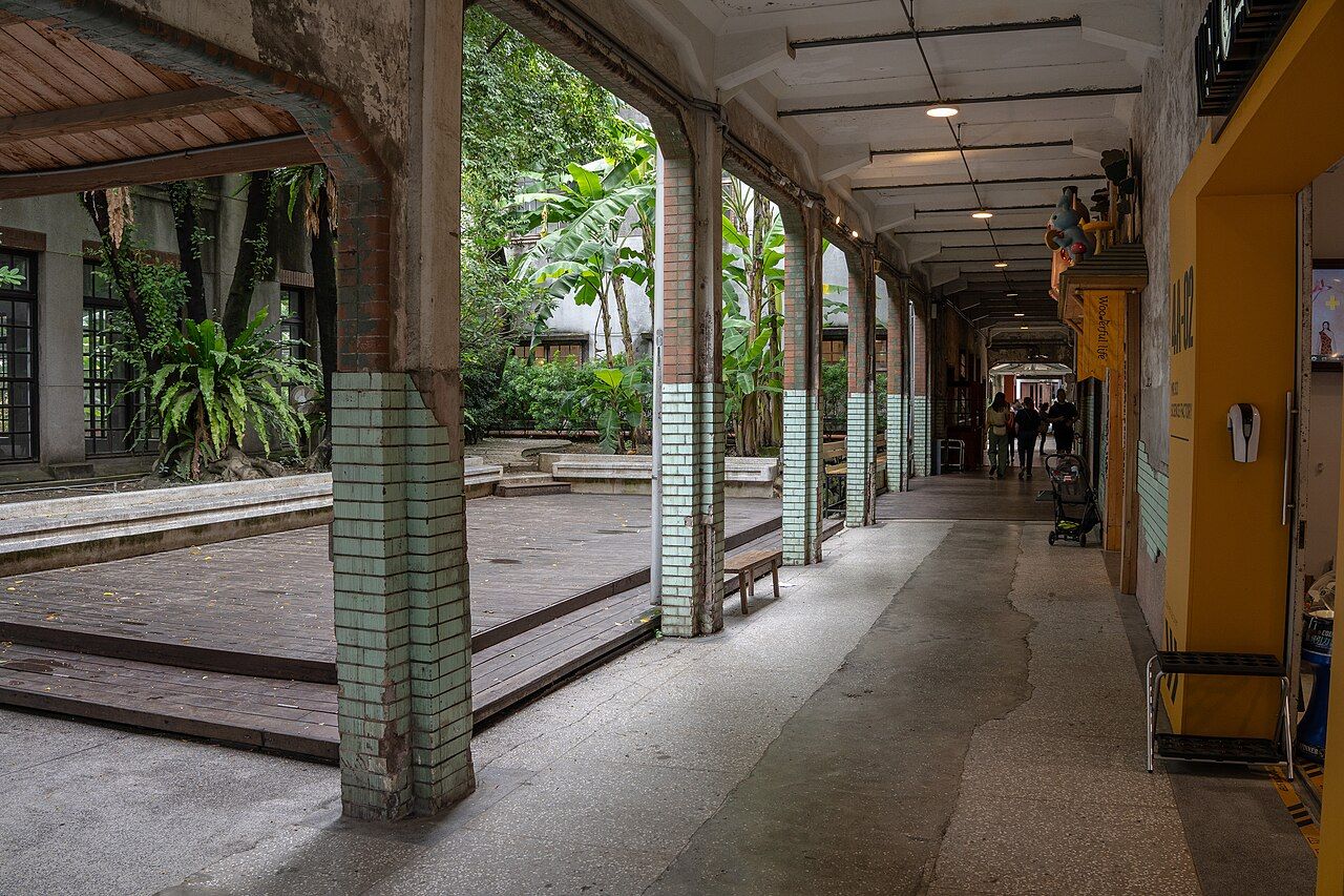 Brick industrial buildings and a walkway at Huashan 1914 Creative Park