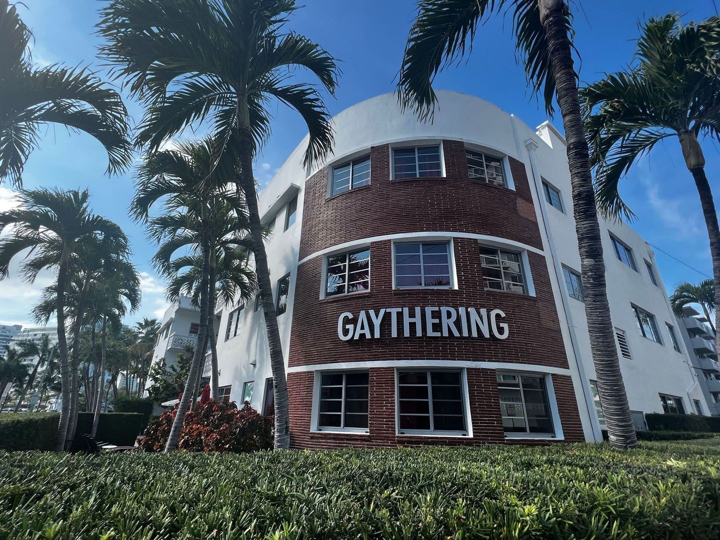 Hotel Gaythering brick-and-white facade with GAYTHERING lettering on Lincoln Road