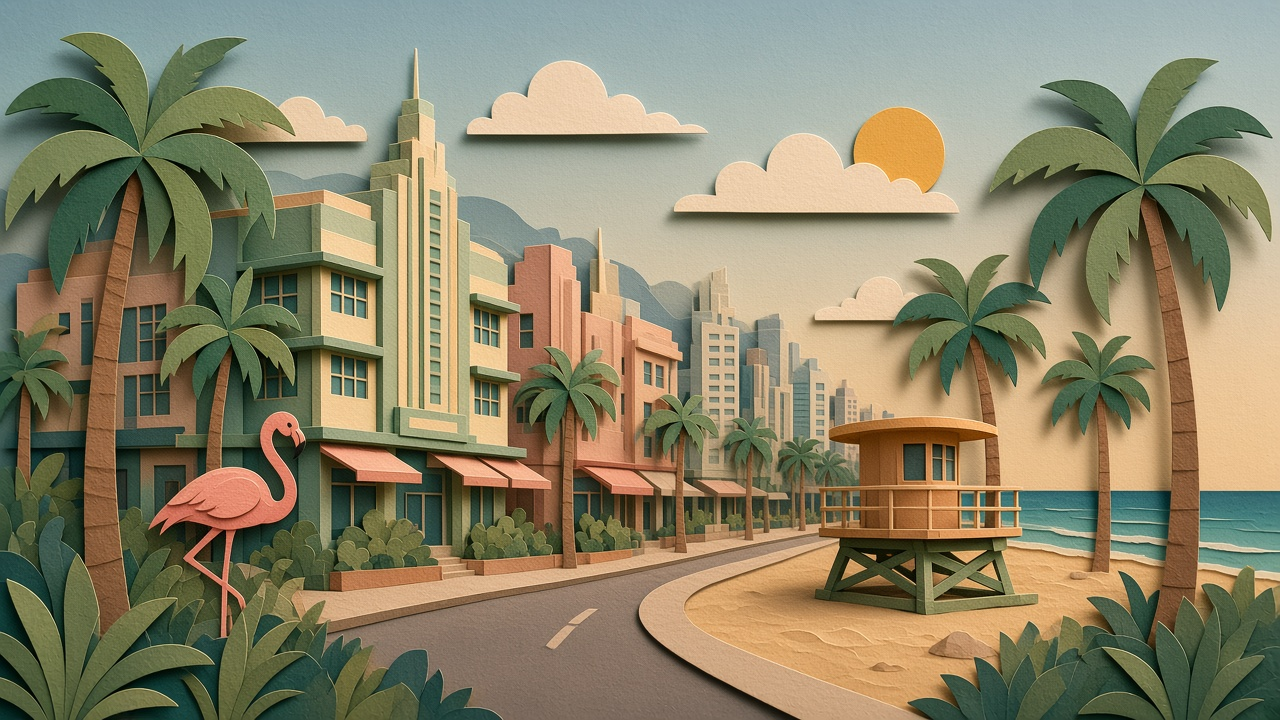 Layered papercut portrait of pastel Art Deco hotels, royal palms, and the Atlantic along Miami Beach